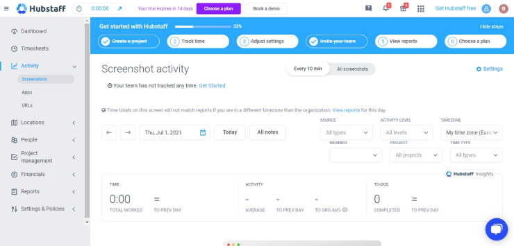 Dashboard of Hubstaff