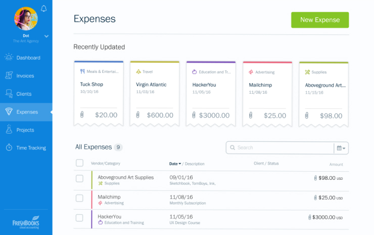 Tracking of expenses in FreshBooks