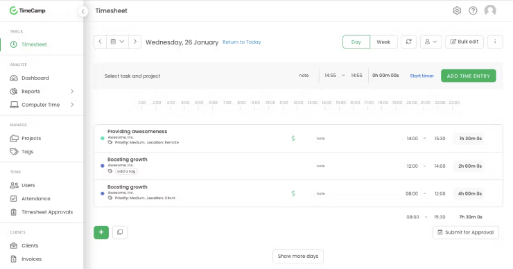 Timesheet of Timecamp